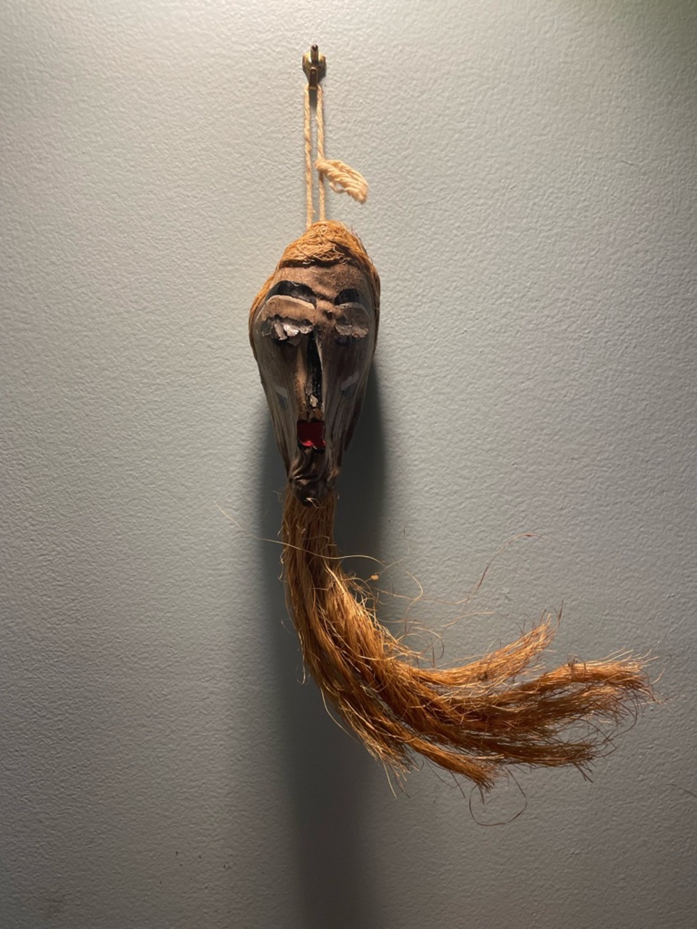 Vintage Shrunken Head, Oddities Curiosities, Wood And Raffia, Folk Art